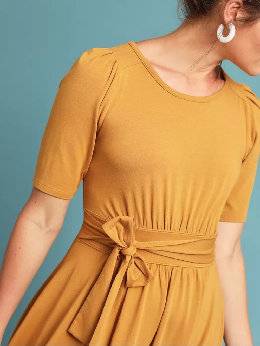 Anthropologie Maeve Women Self-Belt Dress XL Mustard Yellow Cotton Bld Fit Flare